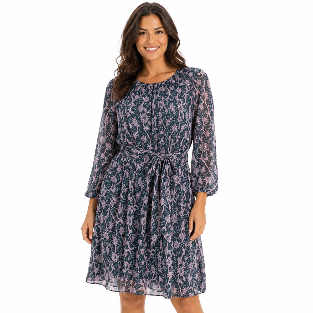 Ann Taylor Teal Lavender Floral Sheer Sleeve Chiffon Belted Knee Length Dress M